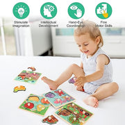 Wooden Peg Puzzles for Toddlers 1-3, Kids' Educational Preschool Peg Puzzle Toy, Set of 4 Toddler Puzzles - Farm, Dinosaur, Fruit and Marine Animals, Ideal Gift for Ages 1 2 3 Boys and Girls