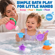 Fajiabao Toddler Bath Toys for Kids Ages 1-3 Stack, Scoop & Pour Set 5PCS | Drain Quickly Nest for Easy Storage & Stuffers with 3 Animal Stacking Cups, Watering Can & Scoop That Floating Tub Water Play