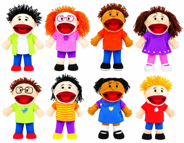 Fun Express Hand Puppets for Kids, 8 Multicultural, 14 Inch | Plush with Movable Mouths, Speech Therapy, Social Emotional Learning, Dramatic Play