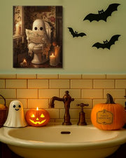 Funny Ghost Halloween Bathroom Wall Art Gothic Canvas Print Poster Framed | Ghost Toilet Poster Picture Halloween Bathroom Wall Decor for Home Restroom 8x10 Inch Framed