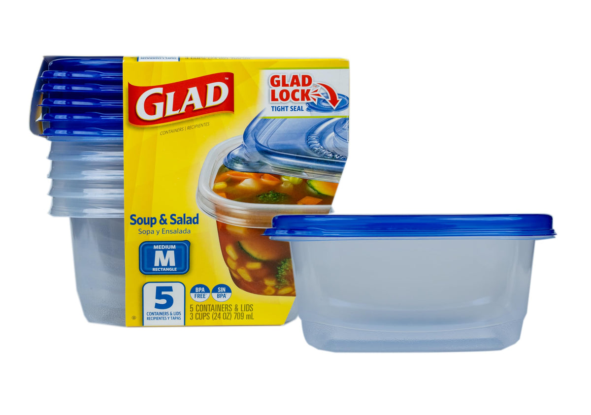 Glad GladWare Medium Rectangle Food Storage Containers, 24 Oz, 5 Count | Airtight, leak-resistant containers for soups, salads, and meal prep, microwave, dishwasher, and freezer safe