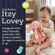 Itzy Ritzy Lovey Including Teether, Teething Relief, 0+ Months (Pink Bunny) | Baby Lovey with Soft Sherpa, Plush Minky, Silicone Teether, Crinkle Sounds, Textured Ribbons, and Interactive Dangle Arms