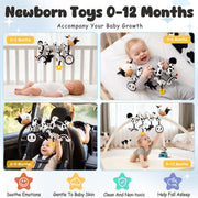 Spiral Car Seat Baby Toys 0-6 Months, Infant Carseat High Contrast Sensory Toys Hanging Stroller Accessories, Newborn Shower Gifts for Baby Boys Essentials Stuff, Cute Black and White Cow
