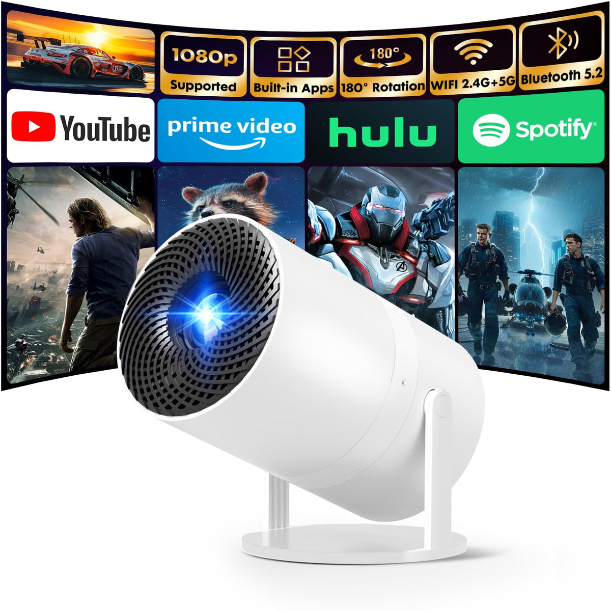 [Built-in Apps] Mini Projector with Wifi and Bluetooth 1080P Supported | Portable Small Projector with Android 14, 180° Rotation/Manual Focus/Auto Keystone, Compatible with HDMI/USB/Smartphone