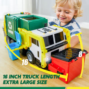 JOYIN Large Friction Powered Garbage Truck Toy Set, Includes 1 Dumpster, 3 Trash Bins, and 30 Learning Cards for Kids, Boy Toys Birthday Gift, Green