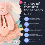 Itzy Ritzy Lovey Including Teether, Teething Relief, 0+ Months (Pink Bunny) | Baby Lovey with Soft Sherpa, Plush Minky, Silicone Teether, Crinkle Sounds, Textured Ribbons, and Interactive Dangle Arms