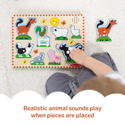 Melissa & Doug Farm Animals Wooden Sound Peg Puzzle 8-Piece Set | 8 Peg Pieces, Wooden Board, Light-Activated Sounds, Builds Matching & Motor Skills, Montessori Inspired Toddler Toys, Ages 2+