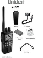 Uniden MHS75 Waterproof Handheld 2-Way VHF Marine Radio, Submersible, Selectable 1/2.5/5 Watt Transmit Power. All USA/International and Canadian Marine Channels.