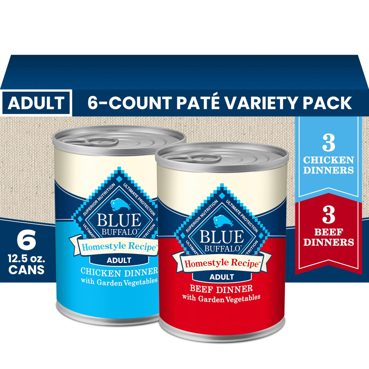 Blue Buffalo Homestyle Recipe Variety Pack Wet Dog Food, 12.5 oz, 6 ct | Chicken & Beef Dinner (3 of Each), No Chicken By-Product, Corn, Wheat, or Soy