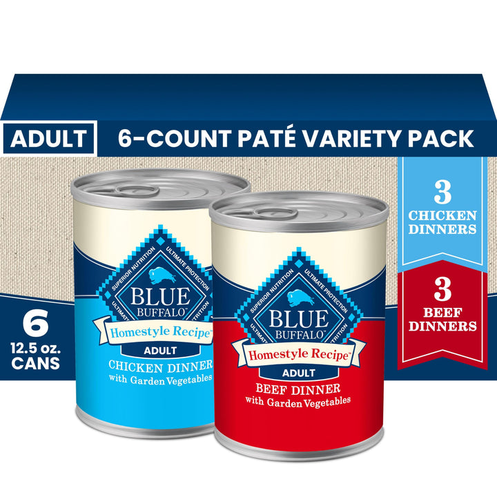 Blue Buffalo Homestyle Recipe Variety Pack Wet Dog Food, 12.5 oz, 6 ct | Chicken & Beef Dinner (3 of Each), No Chicken By-Product, Corn, Wheat, or Soy