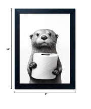 Bathroom Picture Wall Decor, Framed Black and White Bathroom Wall Art, Toilet Paper in Little Funny Raccoon's Hand Animal Canvas Print Painting