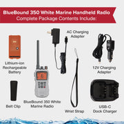 Cobra BlueBound 350 VHF Handheld Marine Radio - White, 6-Watt, Floats | Long Range, NOAA Weather Alerts, International Functionality, IPX7 Waterproof, USB-C, Submersible, LCD Screen, Belt Clip