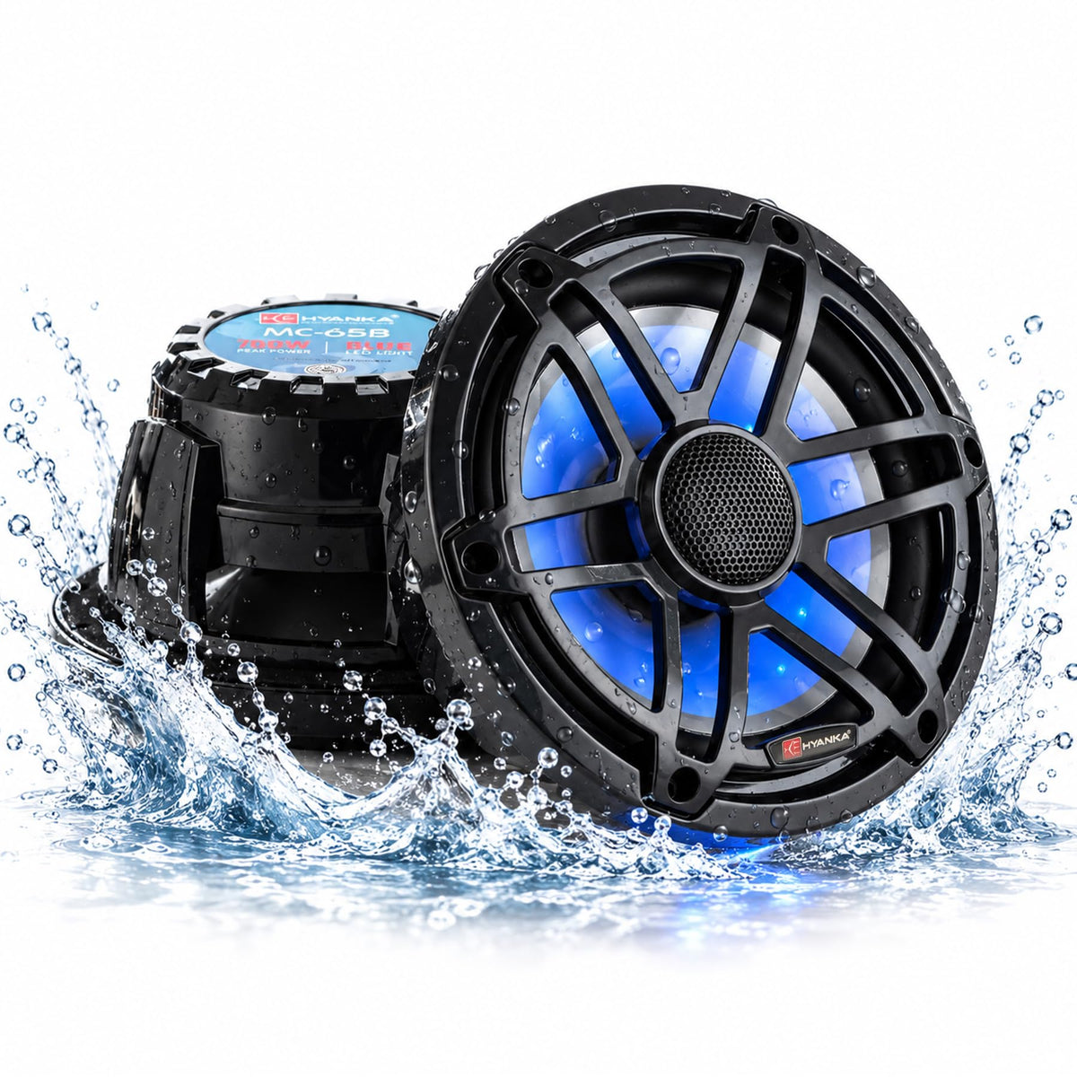 H YANKA MC-65B 6.5 Inch Marine Speakers, Waterproof, 750W, Blue LED, Pair | 2‑Way marine‑grade coaxial speaker, IP67, salt‑UV resistant for durable long‑lasting use, for boats, utv, atv.