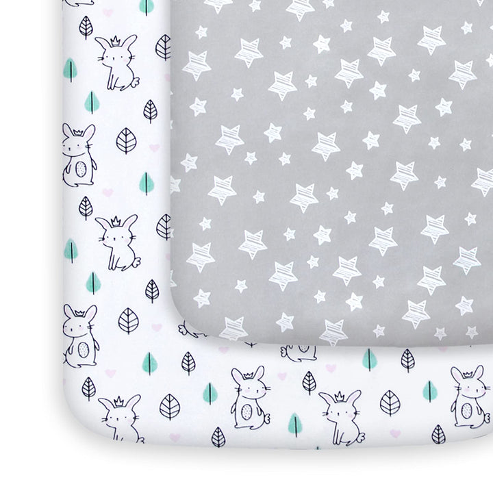 Pack and Play Sheets, 2 Pack Mini Crib Sheets, Stretchy Playard Fitted Sheet, Compatible with Graco Pack n Play, Soft and Breathable Material, Stars & Bunny