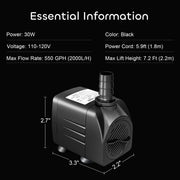 GROWNEER 550GPH Submersible Pump 30W Fountain Aquarium Water Pump | 2000L/H, with 7.2ft High Lift, 3 Nozzles for Fish Tank, Pond, Hydroponics, Statuary, Pool, Water feature, 5.9ft Power Cord