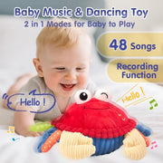 hahaland Baby 6+ Months Tummy Time Musical Bouncing Crab Crawling Toy | 48 Songs & Recording Function, Dancing Moving Jumping Baby Toy, USB Rechargeable Plush Crab Toy for Babies 6 9 12 Months