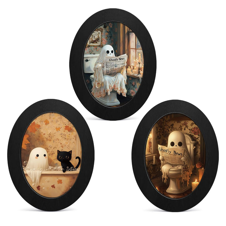 3Pcs Funny Ghost Halloween Bathroom Oval Wall Art Framed Spooky Decor | Cute Ghost Canvas Prints Halloween Decor for Bathroom Washroom Vintage Spooky Ghosts Wall Art