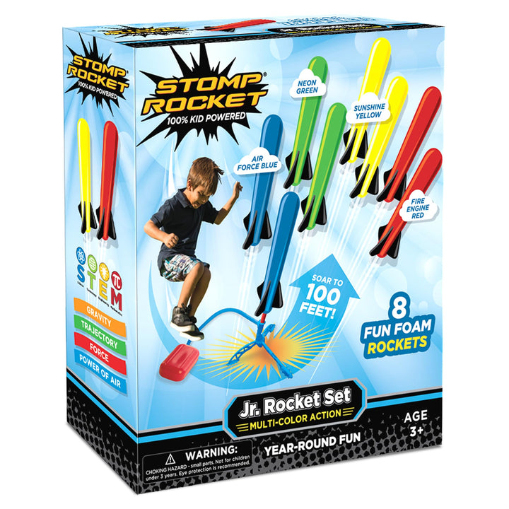 Stomp Rocket Jr Multi-Color Rocket Launcher for Kids, 8 Rockets | Fun Outdoor Toys for Boys & Girls, Ages 3 & Up - Soft Foam Blaster Set Soars Up to 100ft - STEM Toys for Outside & Backyard