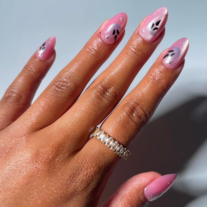 Glamnetic Halloween Press On Nails, Short Almond Cat-Eye, Just A Ghoul | Halloween ghost press on nails: Just A Ghoul. Full nail kit. Pink Glue on nails with spooky nail art. Fake nails.