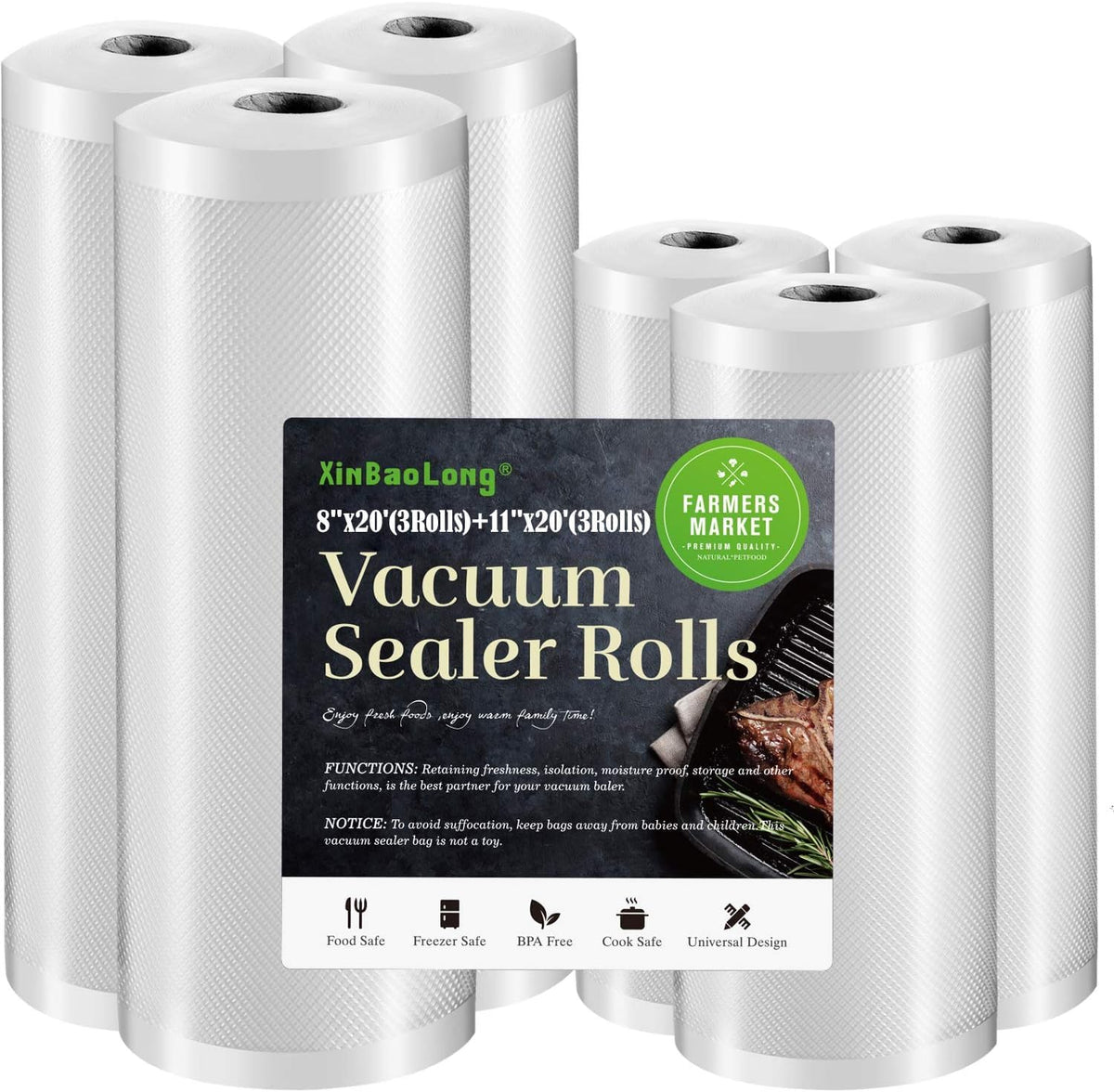 Vacuum Sealer Bags For Food 6 Pack, Kitchen Essentials, Sandwich Bags | (3 Rolls 11"x20'+3 Rolls 8"x20')Commercial Grade, BPA Free, Freezer Bags, Sous Vide Cooking, Puncture Prevention, Snack Bags