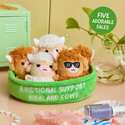 Emotional Support Highland Cows, Cuddly Stuffed Animals by Relatable | Plushies and Cute Stuff, Halloween Toys & Gifts for All Ages, Includes 5 Toys with Carrying Basket