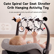 Spiral Car Seat Baby Toys 0-6 Months, Infant Carseat High Contrast Sensory Toys Hanging Stroller Accessories, Newborn Shower Gifts for Baby Boys Essentials Stuff, Cute Black and White Cow
