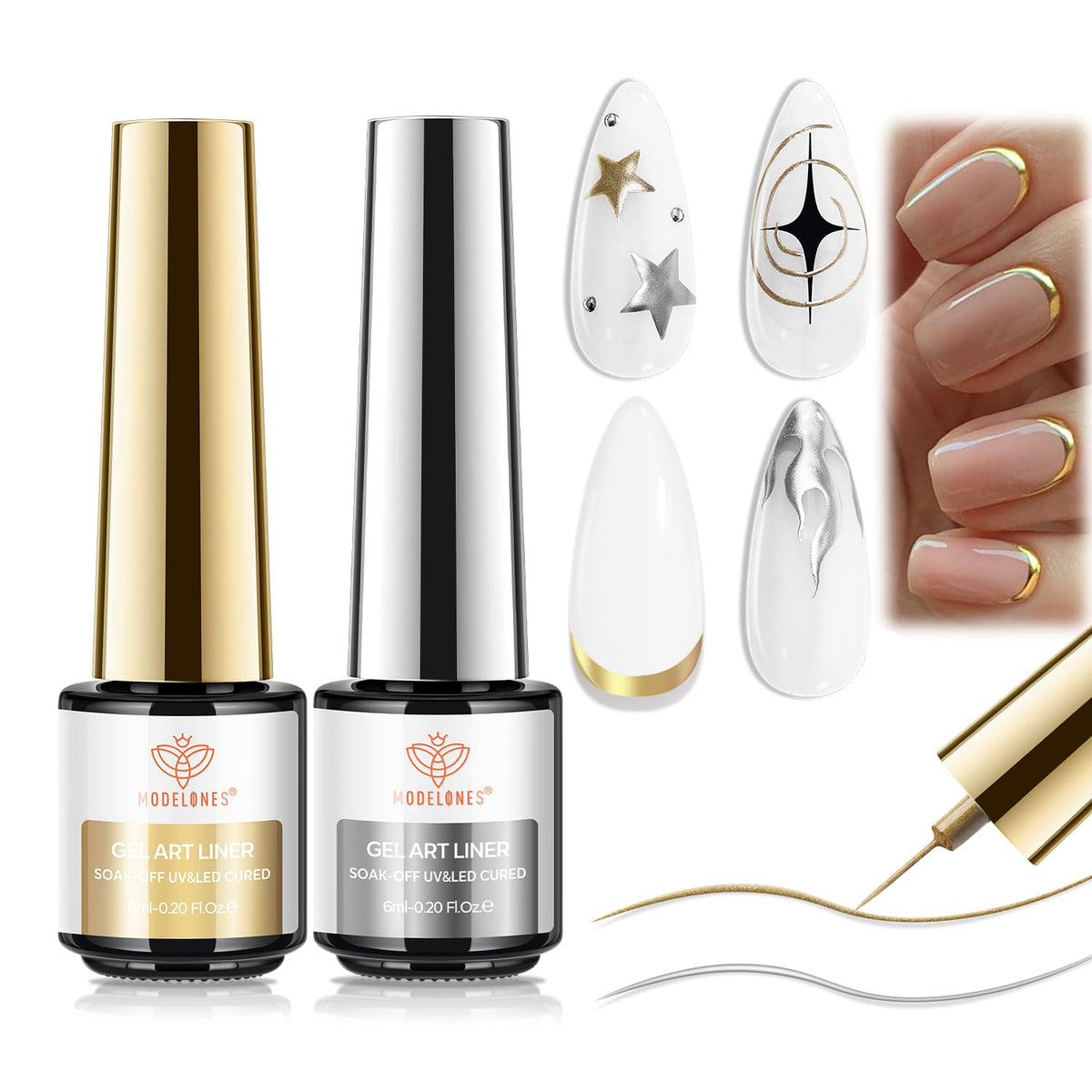 modelones Chrome Liner Gel Nail Polish Gold Silver Built-in Fine Brush | Metallic Nail Art Gel French Tip Mirror Effect No Powder Needed Paint Draw Swirl Design Long Lasting DIY U V Manicure Stuff
