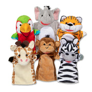Melissa & Doug Safari Buddies Plush Hand Puppets 6-Piece Pretend Play Set | 6 Plush Safari Animal Hand Puppets, Elephant, Tiger, Parrot, Giraffe, Monkey, Zebra, Washable, Toddler Toys for kids, Ages 2+