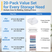 Fygrip 80% Space Saver Vacuum Storage Bags with Hand Pump, 20 Combo | Plastic Packaging Bags, Vacuum Seal Bags for Clothing, Travel Luggage, Blankets, Comforters