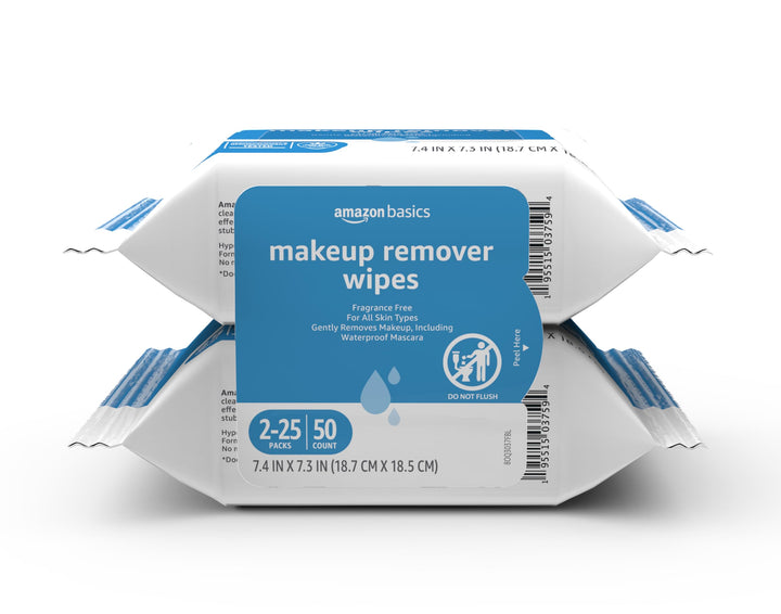 Amazon Basics Makeup Remover Wipes, Formulated without Fragrance and Alcohol-Free, Gentle Cleansing, Removes Waterproof Mascara, Dermatologist Tested, 25 Count, Pack of 2