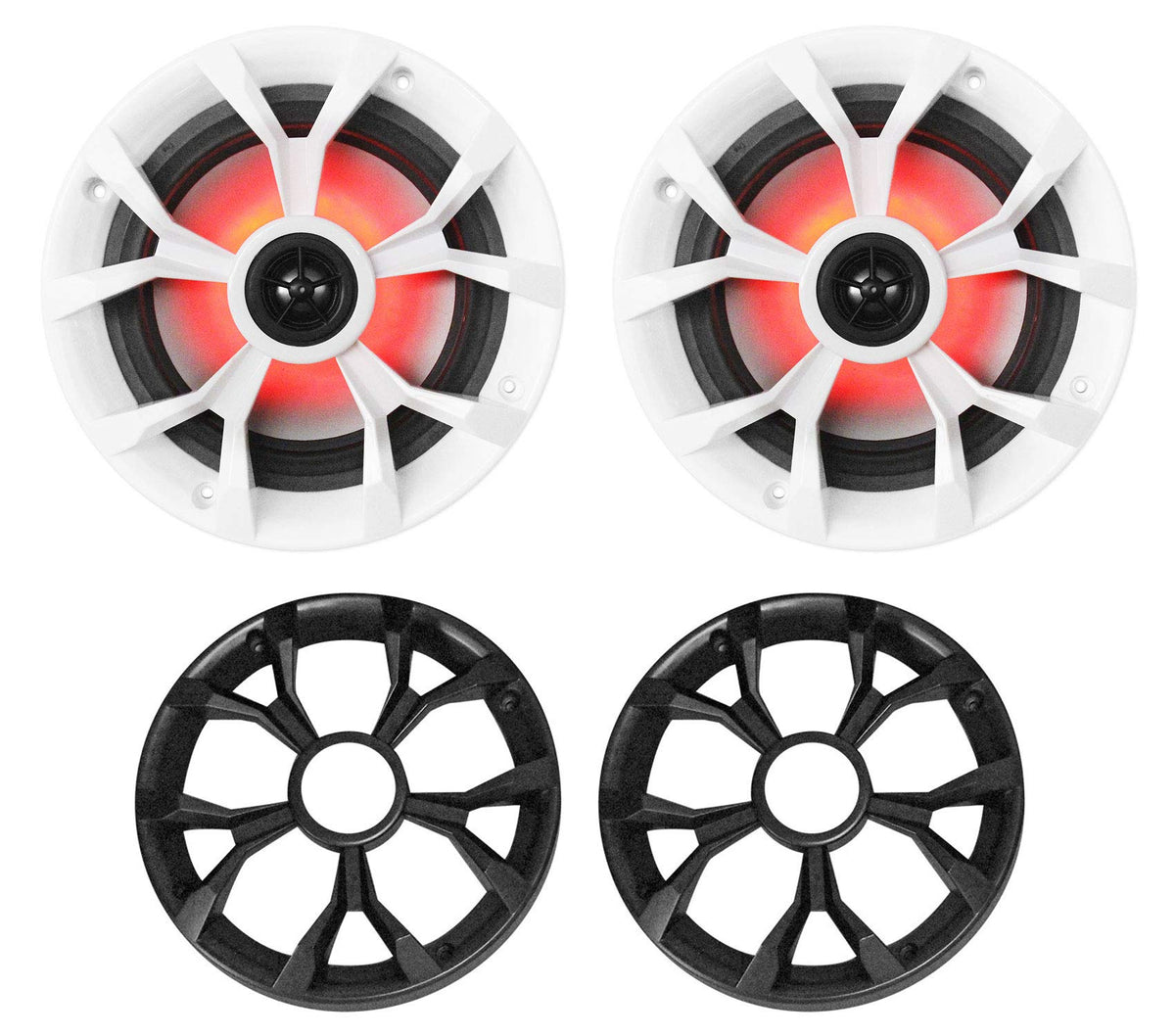 Rockville RKL65MBW 6.5" 2-Way Coaxial Marine Boat LED Speakers Pair | 700W Peak / 170W RMS, 4 Ohm, Waterproof, Red/Blue Beat-Sync LEDs, 35Hz-20kHz, Includes Black/White Grilles and 16.4 Ft Wire