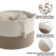 HZFTJOY Large Woven Blanket Basket,65L Cotton Rope Laundry Basket | Collapsible Nursery Storage Bin with Sturdy Handles for Clothes, Toys, Pillows, Living Room Bedroom Bathroom - White & Brown