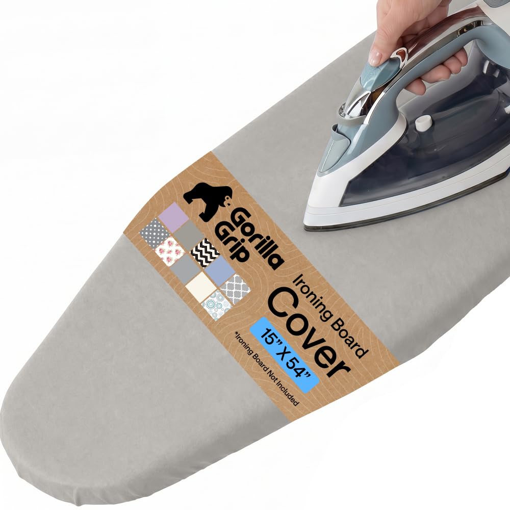 GORILLA GRIP Padded Ironing Board Cover, 15x54 Silver | Silicone Coating, 400°F Scorch and Stain Resistant, Fits Over Standard Size Board, Heavy Duty Hook and Loop Fastener Strap
