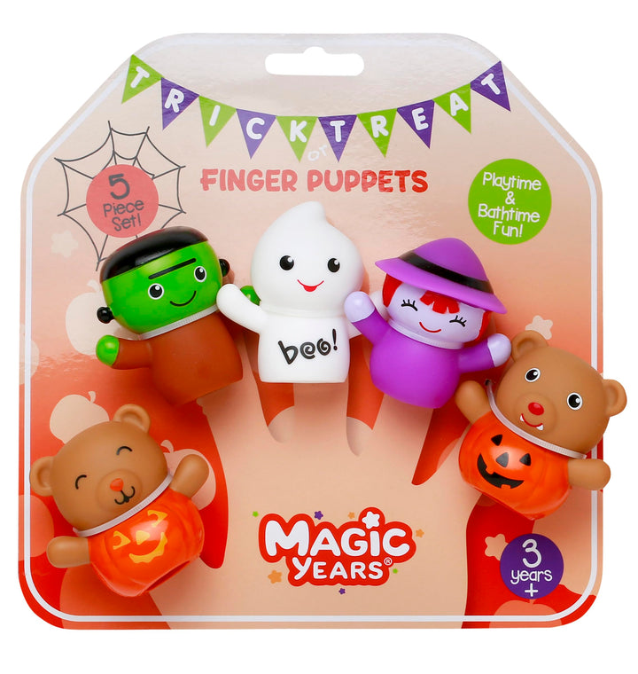 Magic Years 5 Piece Halloween Finger Puppets for Toddlers and Kids, Characters Include 2 Pumpkin Bears, 1 Witch, 1 Ghost, and 1 Frankenstein Monster, Bath Toy, Orange