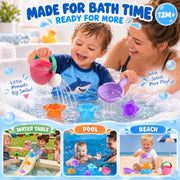 Fajiabao Toddler Bath Toys for Kids Ages 1-3 Stack, Scoop & Pour Set 5PCS | Drain Quickly Nest for Easy Storage & Stuffers with 3 Animal Stacking Cups, Watering Can & Scoop That Floating Tub Water Play