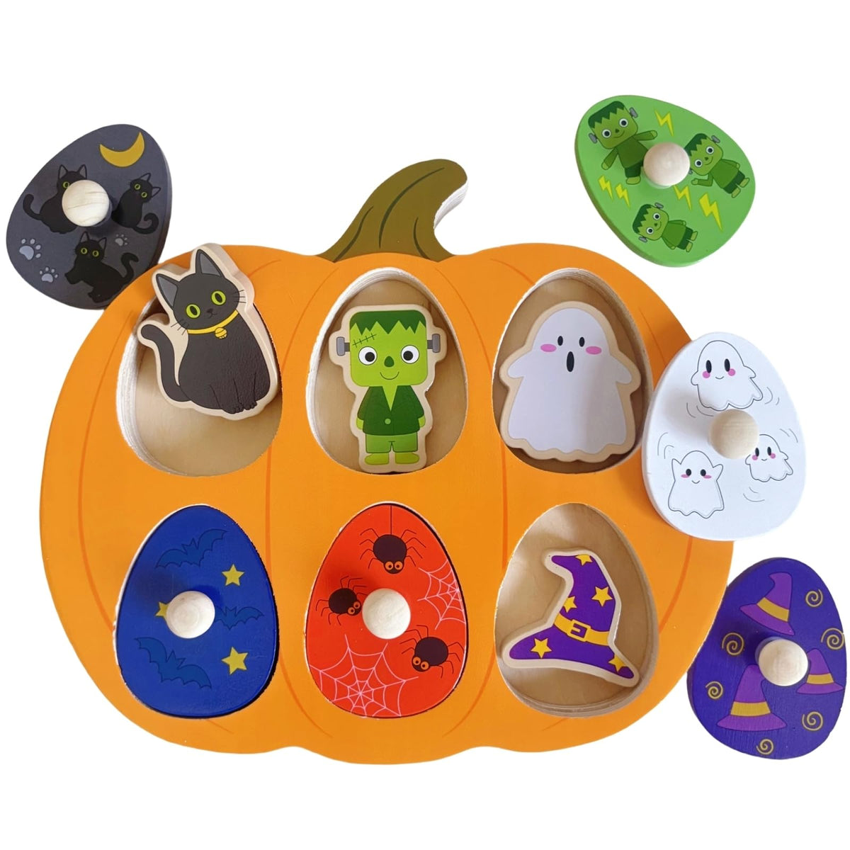 Halloween Pumpkin Wooden Peg Puzzle for Toddlers Montessori Toy for Age 1-3