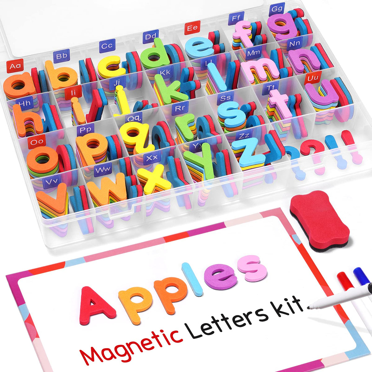 Gamenote Magnetic Alphabet Letters Kit, 238 Pcs with Magnet Board | Full-cover foam magnets, Double-sided dry erase board, Organized storage, Upper and lower letters for phonics & CVC practice