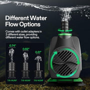 VIVOSUN 800GPH Submersible Fountain Water Pump for Pond, Aquarium, Statuary | 3000L/H, 50W, Ultra Quiet Water Pump with 10ft. High Lift and 6.5ft. Power Cord, 3 Nozzles for Hydroponics, Green