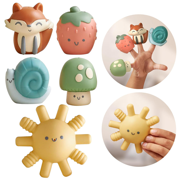 Itzy Ritzy Finger Puppet Bath Toy Set, 5-Piece Sensory Toy Set (Multicolor) | Includes 4 Soft Finger Puppets & 1 Water-Squirting Toy for Interactive Storytelling, Imaginative Play & Sensory Exploration