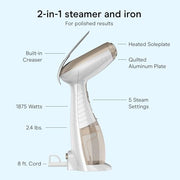 Conair Steamer for Clothes & Upholstery, Handheld, 3 Attachments, White | Powerful 1875W clothes steamer with 7.3 oz. water tank and 5 steam settings heats up in 40 seconds and runs for 20 minutes