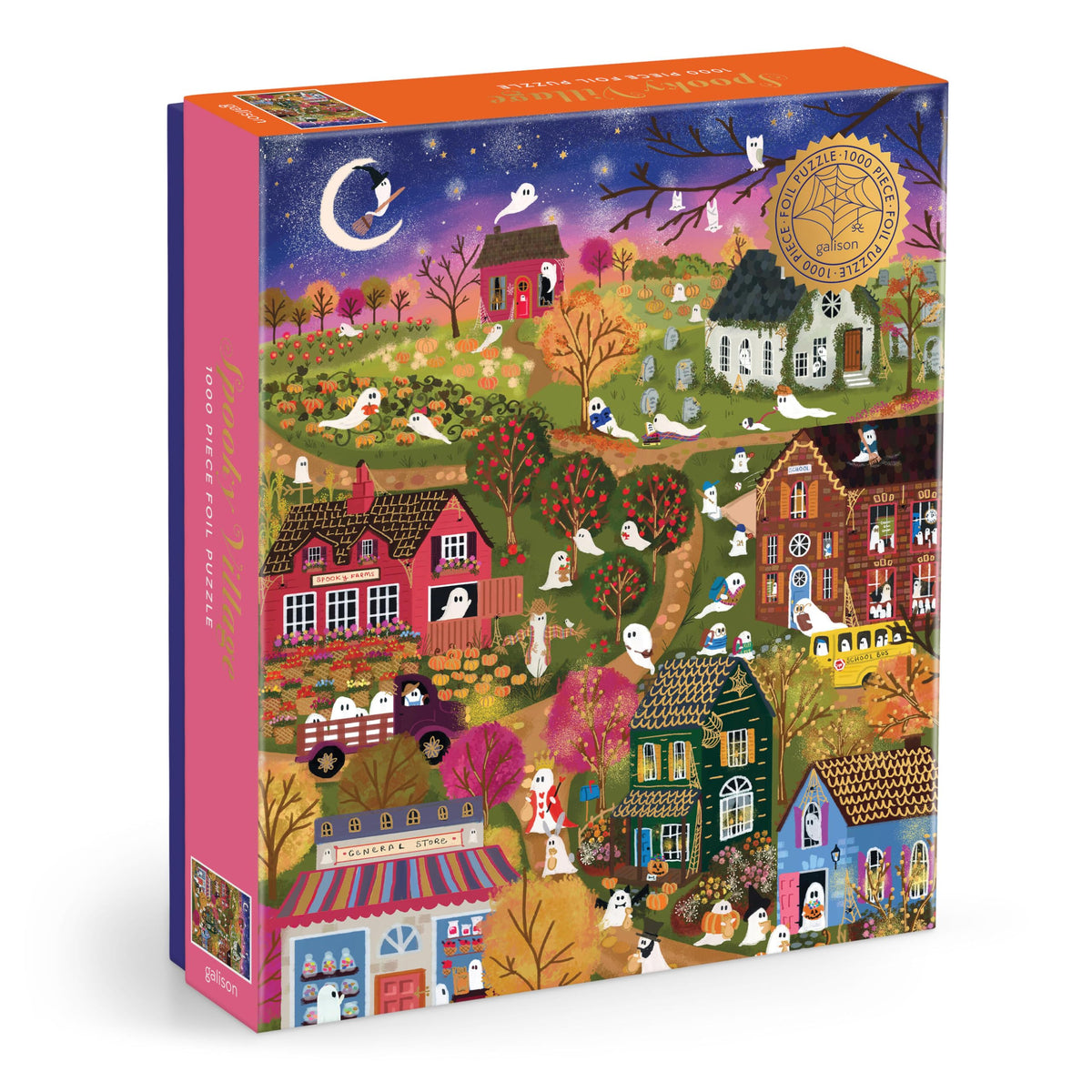 Galison - Spooky Village 1000 Piece Jigsaw Puzzle with Foil for Adults | Illustrated by Joy Laforme, Ghostly Village, Halloween, Challenging, Recycled Paper, No Dust, Finished Size 27" x 20"