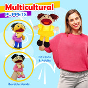 4E's Novelty Multicultural Hand Puppets for Kids - 8 Pack with Movable Mouth, Bulk Soft Plush Puppets for Kids Ages 4-8, for School Home Theater Shows, Teachers Classroom Supplies