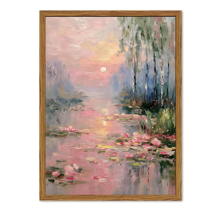 Framed Vintage Monet Canvas Wall Art, Pink Water Lilies Floral Pictures Wall Decor, Impressionist Sunset Landscape Paintings Prints Nature Aesthetic Artwork for Living Room Bedroom 12x16 inch