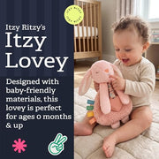 Itzy Ritzy Lovey Including Teether, Teething Relief, 0+ Months (Pink Bunny) | Baby Lovey with Soft Sherpa, Plush Minky, Silicone Teether, Crinkle Sounds, Textured Ribbons, and Interactive Dangle Arms
