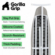GORILLA GRIP Padded Ironing Board Cover, 15x54 Silver | Silicone Coating, 400°F Scorch and Stain Resistant, Fits Over Standard Size Board, Heavy Duty Hook and Loop Fastener Strap