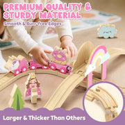 Lehoo Castle Wooden Train Set for Girls, Pink Unicorn Train Set | Princess and Castle Pieces for Imaginative Play, Compatible with Most Wooden Train Tracks, Birthday Gift for Girls