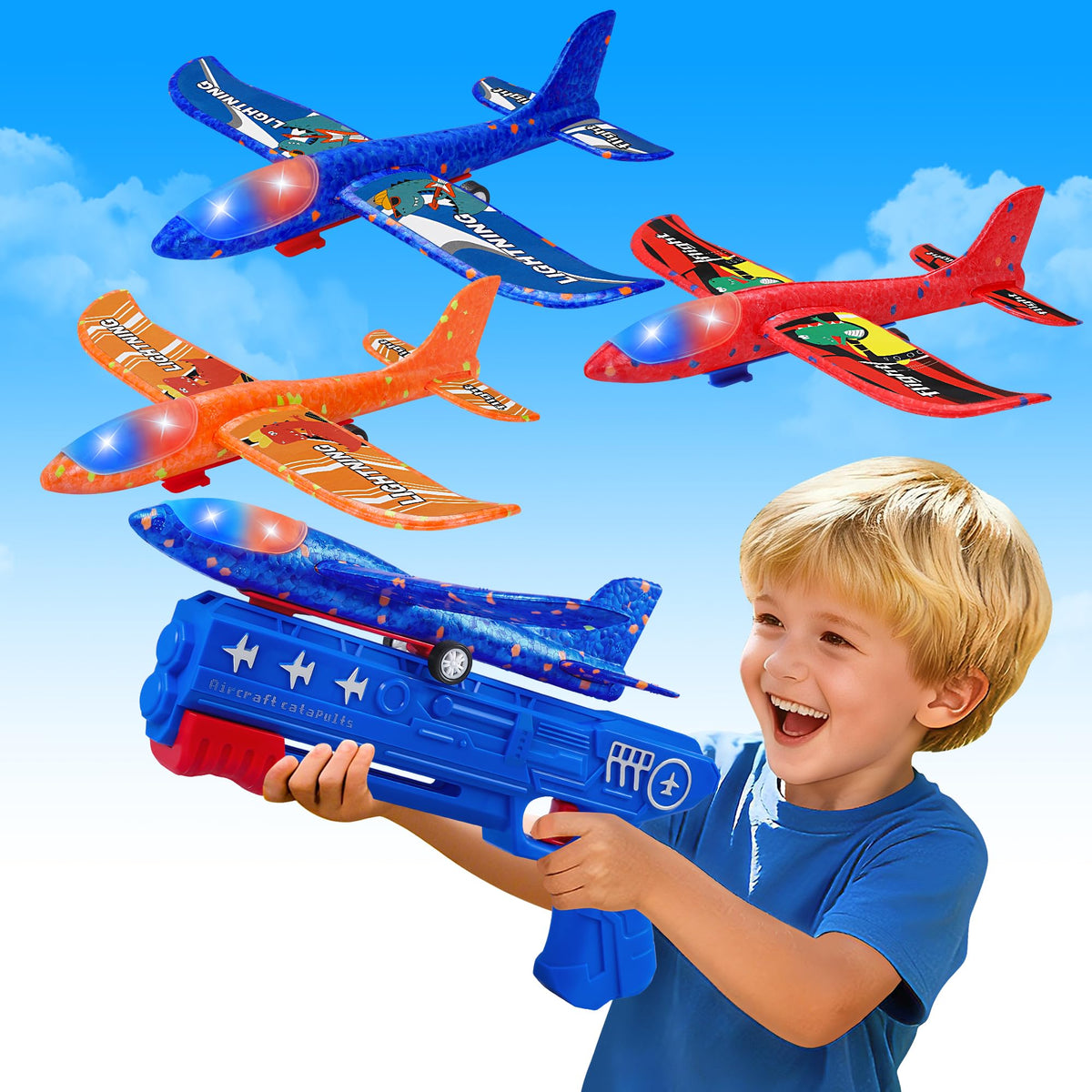 LJZJ 3pk LED Foam Plane Launcher, 2 Modes Outdoor Toy Gift Boys Girls 3+ | Foam glider features ejection & hand‑throwing 2 modes. LED lights deliver fun‑filled nighttime flying experience for kids