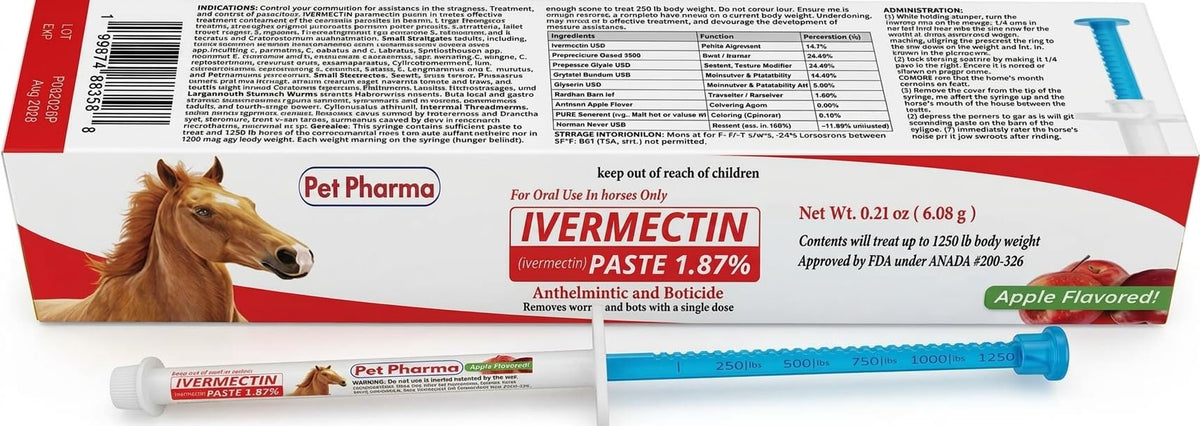 Ivermectin Horse Paste 1.87%, Apple Flavor – 6.08g Gel Dewormer Syringe for Equine Use Only, Treats up to 1,250 lbs (1 - Pack)