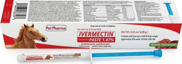 Ivermectin Horse Paste 1.87%, Apple Flavor – 6.08g Gel Dewormer Syringe for Equine Use Only, Treats up to 1,250 lbs (1 - Pack)