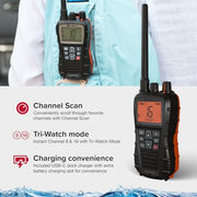 Cobra BlueBound 350 VHF Handheld Marine Radio, Black – 6-Watt, Floats | Long Range, NOAA Weather Alerts, International Functionality, IPX7 Waterproof, USB-C, Submersible, LCD Screen, Belt Clip